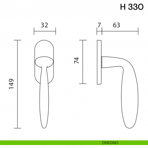 Maniglia per finestra martellina DK H 330 Valli collezione Fusital con rosetta fine disegno
