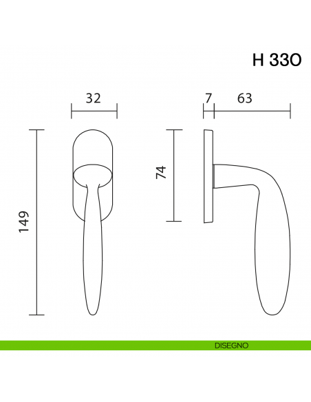 Maniglia per finestra martellina DK H 330 Valli collezione Fusital con rosetta fine disegno