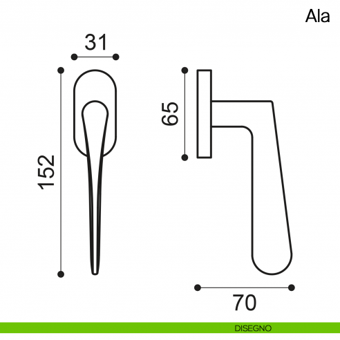 Maniglia martellina DK per finestra Ala Manital - disegno