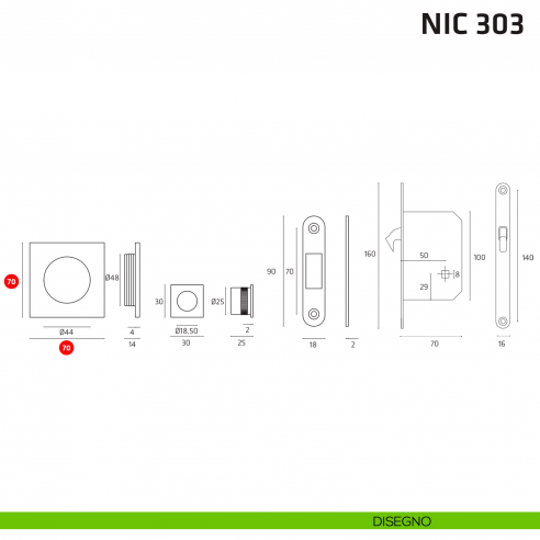 Kit quadrato con nottolino + taglio vite con trascinatore e serratura NIC 303 disegno