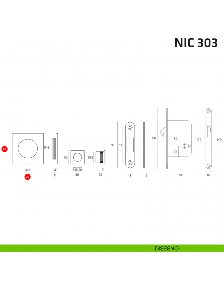Kit quadrato con nottolino + taglio vite con trascinatore e serratura NIC 303 disegno