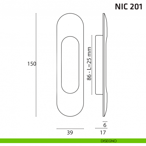 Maniglia incasso ovale cieca NIC 201 disegno