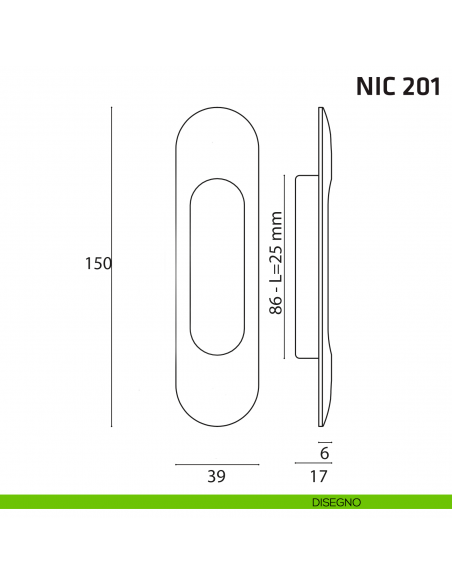 Maniglia incasso ovale cieca NIC 201 disegno