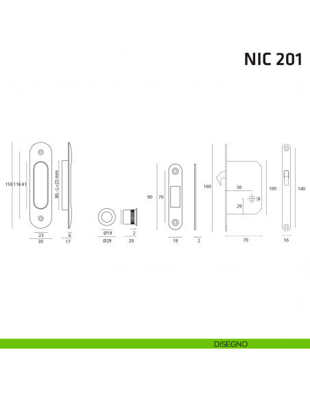 Kit ovale foro chiave con chiave, trascinatore e serratura NIC 201 disegno