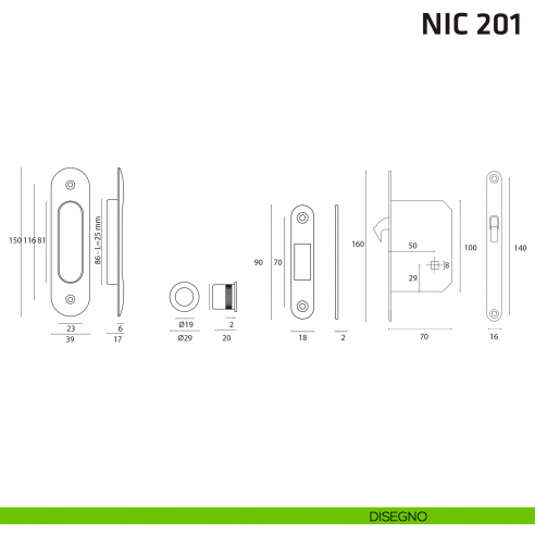 Kit ovale con nottolino + taglio vite con trascinatore e serratura NIC 201 disegno