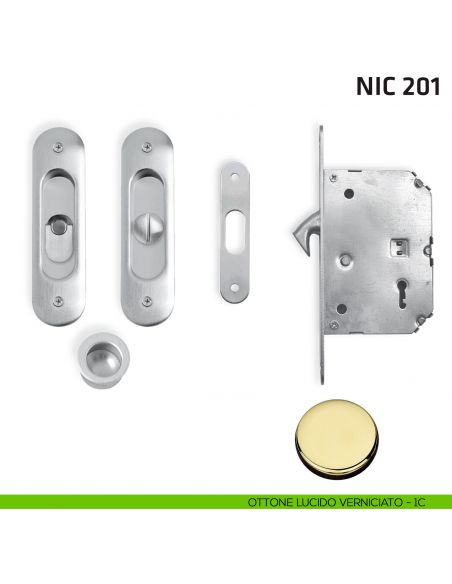 Kit ovale con nottolino + taglio vite con trascinatore e serratura NIC 201 ottone lucido verniciato