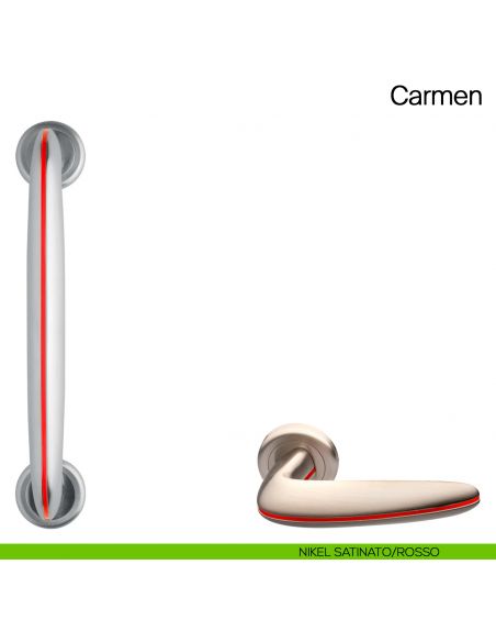 Maniglione per porta Carmen Manital con rosette - nikel satinato/rosso