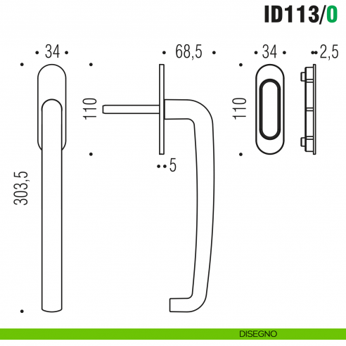 Maniglione per alzante scorrevole ID113/0 singolo Colombo Design con placca minimale Zero Evolution - disegno