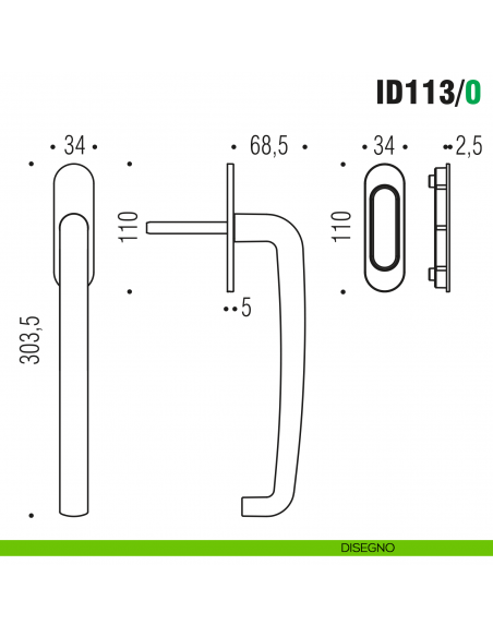 Maniglione per alzante scorrevole ID113/0 singolo Colombo Design con placca minimale Zero Evolution - disegno