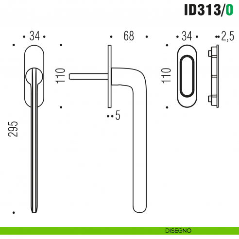 Maniglione per alzante scorrevole ID313/0 singolo Colombo Design con placca minimale Zero Evolution - disegno