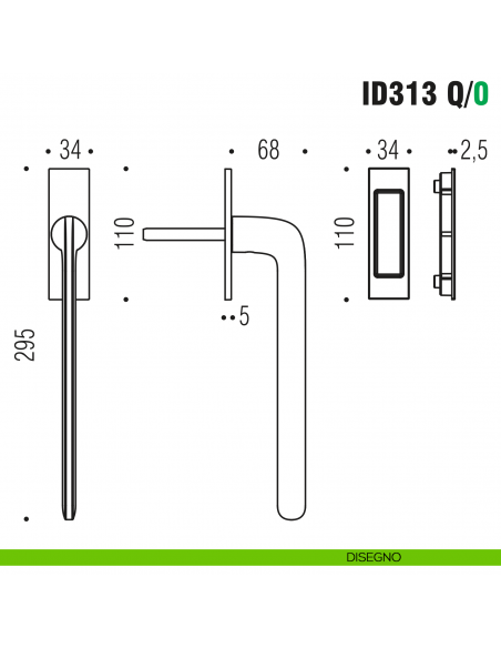 Maniglione per alzante scorrevole ID313 Q/0 singolo Colombo Design con placca minimale Zero Evolution disegno