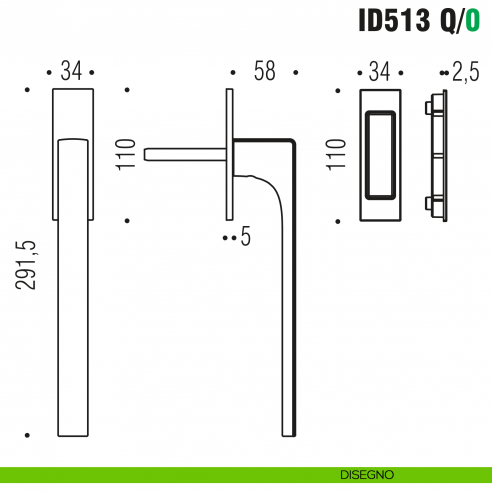Maniglione per alzante scorrevole ID513 Q/0 singolo Colombo Design con placca minimale Zero Evolution - disegno