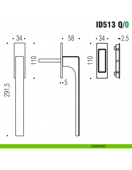Maniglione per alzante scorrevole ID513 Q/0 singolo Colombo Design con placca minimale Zero Evolution - disegno