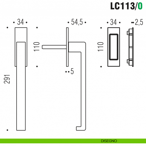 Maniglione per alzante scorrevole LC113/0 singolo Colombo Design con placca minimale Zero Evolution - disegno