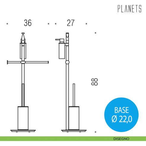 Piantana spandisapone, porta salvietta, porta rotolo e porta scopino Colombo Design Planets disegno
