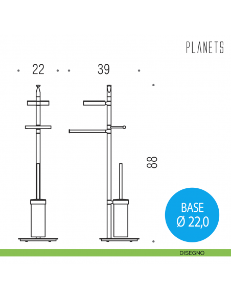 Piantana porta salvietta, porta sapone, porta rotolo e porta scopino sospeso Colombo Design Planets disegno