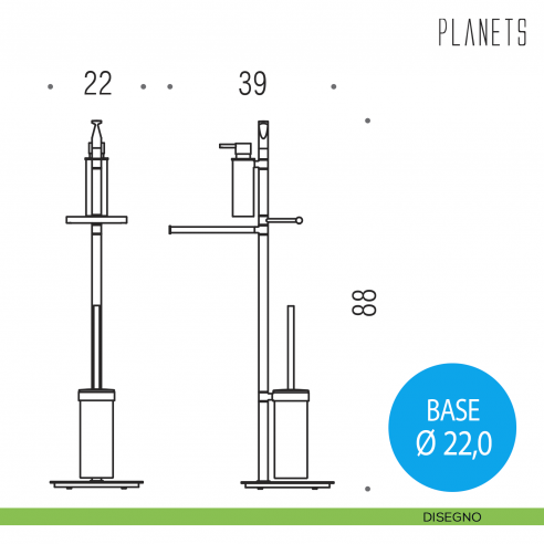 Piantana spandisapone, porta salvietta, porta rotolo e porta scopino sospeso Colombo Design Planets disegno
