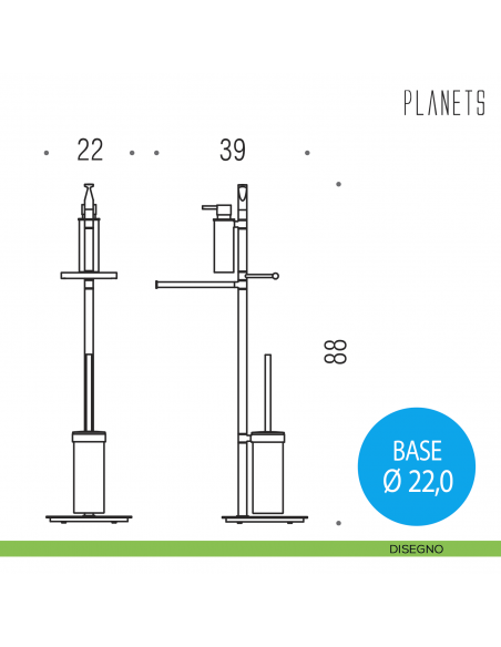 Piantana spandisapone, porta salvietta, porta rotolo e porta scopino sospeso Colombo Design Planets disegno
