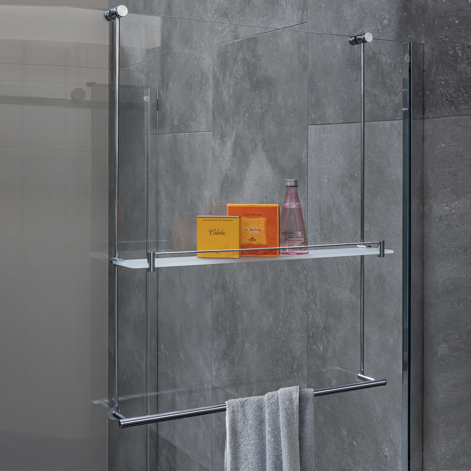 Cavalletto portaoggetti universale per box doccia con mensola e