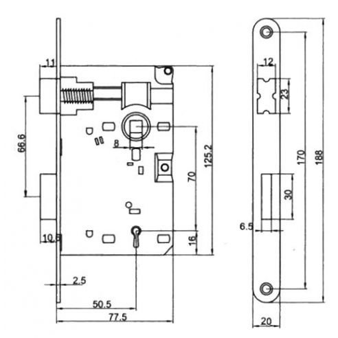 Serratura meccanica chiave distanza 70 mm frontale 20 mm Vi.Tel. E0242 - disegno