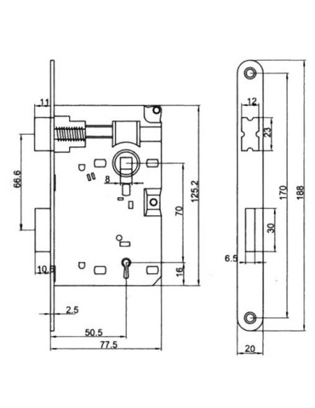 Serratura meccanica chiave distanza 70 mm frontale 20 mm Vi.Tel. E0242 - disegno