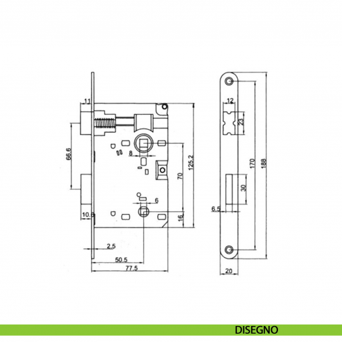 Serratura meccanica nottolino wc distanza 70 mm frontale 20 mm Vi.Tel. E0279 - disegno