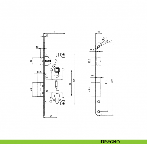 Serratura meccanica yale distanza 85 mm frontale 22 mm Vi.Tel. E0275 - disegno