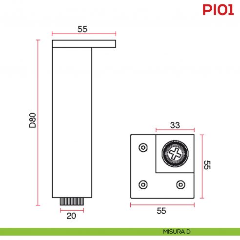 Piedino quadrato per mobile regolabile in ABS PI 01 Mital - misura D