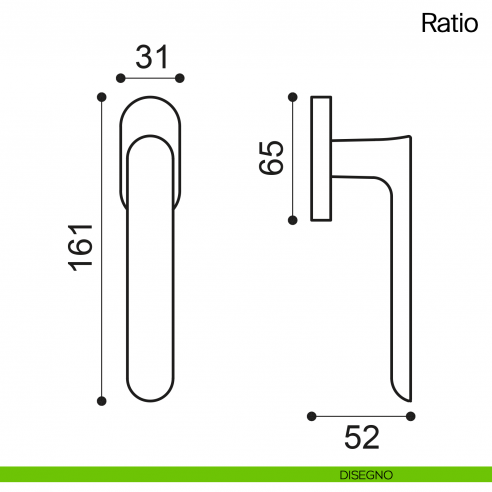 Maniglia martellina DK per finestra Ratio Manital disegno