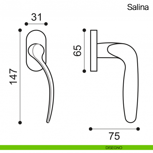 Maniglia martellina DK per finestra Salina Manital disegno