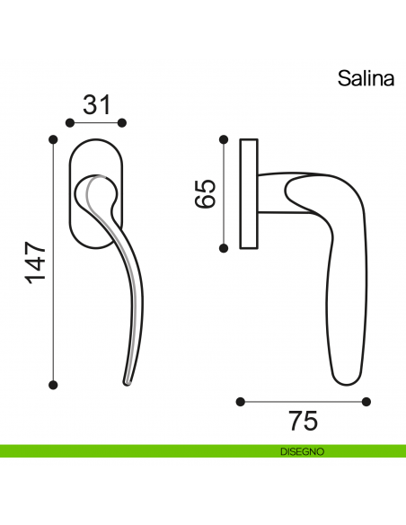 Maniglia martellina DK per finestra Salina Manital disegno