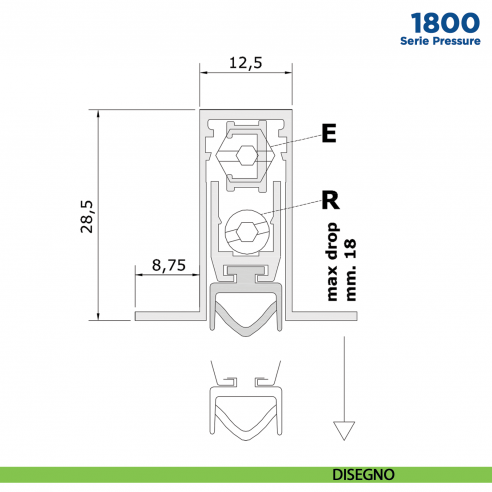 Paraspifferi per porta Comaglio 1800 serie Pressure con alette laterali - disegno