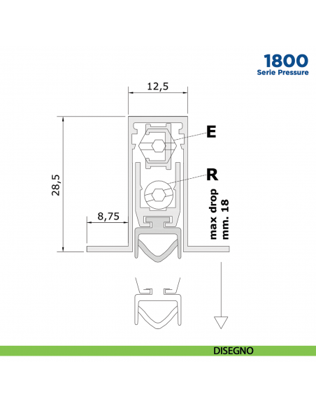 Paraspifferi per porta Comaglio 1800 serie Pressure con alette laterali - disegno