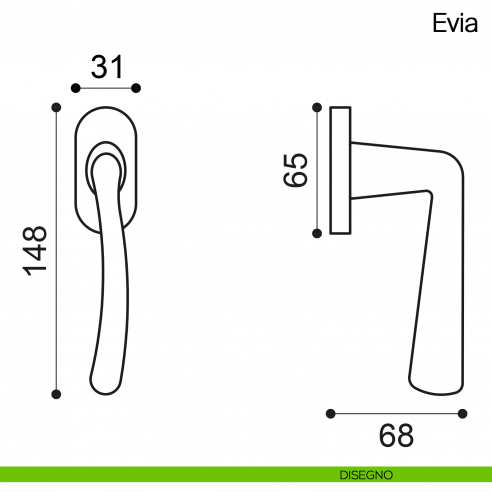 Maniglia martellina DK per finestra Evia Manital disegno
