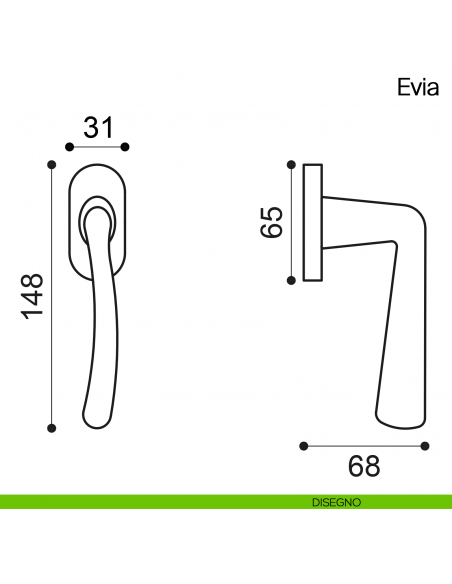 Maniglia martellina DK per finestra Evia Manital disegno