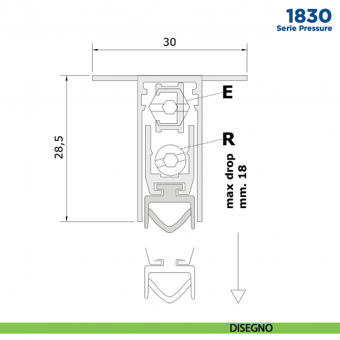 Paraspifferi per porta Comaglio 1830 serie Pressure con alette laterali - disegno