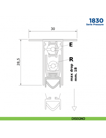 Paraspifferi per porta Comaglio 1830 serie Pressure con alette laterali - disegno