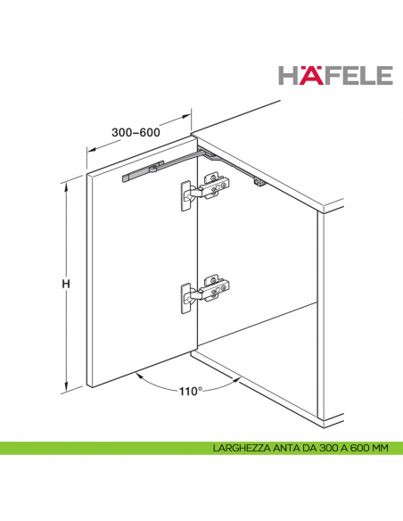 Meccanismo One Touch Hafele per ante con apertura push-to-open e chiusura soft closing - disegno