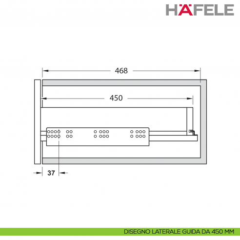 Guida per cassetto ammortizzata Hafele Matrix Runner UM A 30 uscita totale Syncro 3D portata 30 kg - disegno laterale 450 mm