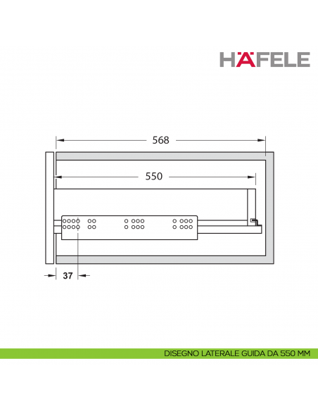 Guida per cassetto ammortizzata Hafele Matrix Runner UM A 30 uscita totale Syncro 3D portata 30 kg - disegno laterale 500 mm