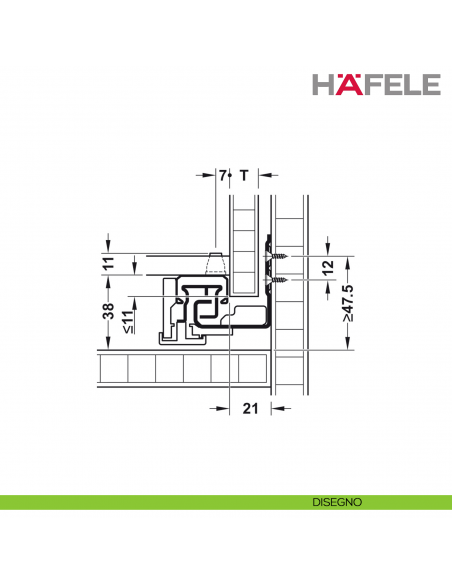 Guida per cassetto Push-to-Open Hafele Matrix Runner UM A 30 uscita totale Syncro 3D portata 30 kg - disegno laterale