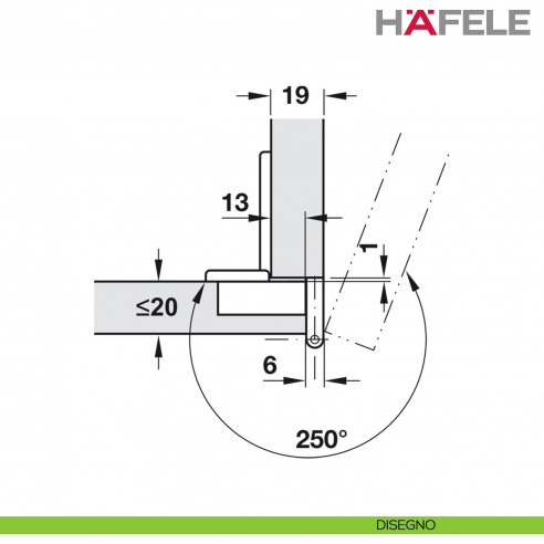 Cerniera per mobile da ufficio Hafele Aximat 100 A per montaggio ad angolo foro diametro 35 mm - disegno