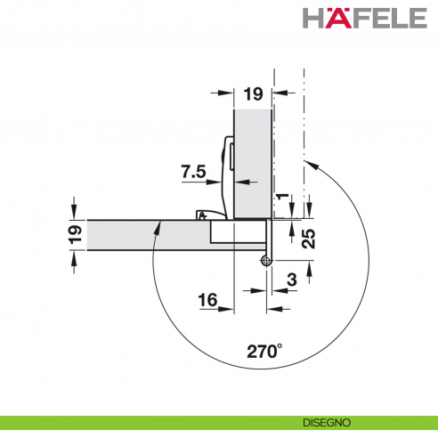 Cerniera per mobile da ufficio Hafele Aximat 100 SM per montaggio ad angolo foro diametro 35 mm - disegno