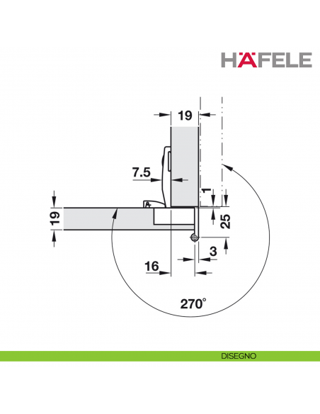 Cerniera per mobile da ufficio Hafele Aximat 100 SM per montaggio ad angolo foro diametro 35 mm - disegno