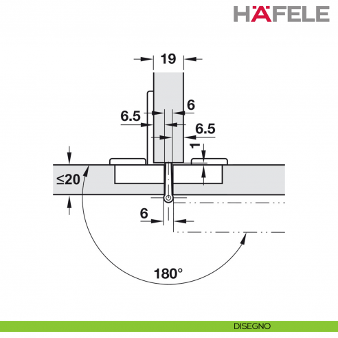 Cerniera per mobile da ufficio Hafele Aximat 100 A per montaggio doppio foro diametro 35 mm - disegno