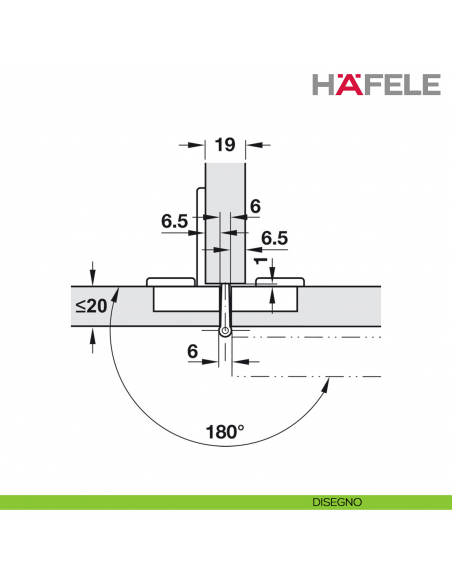 Cerniera per mobile da ufficio Hafele Aximat 100 A per montaggio doppio foro diametro 35 mm - disegno