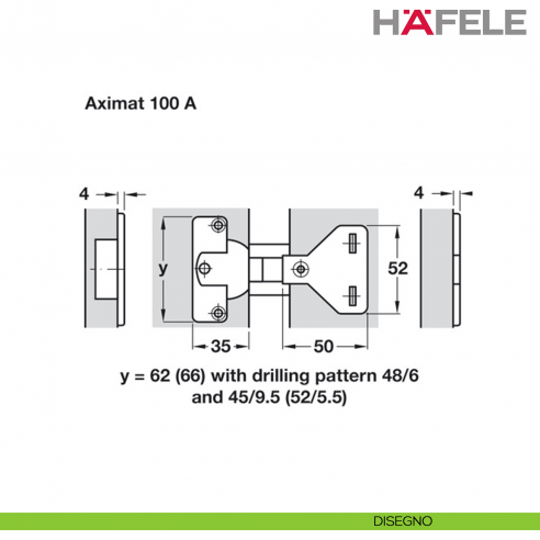 Cerniera per mobile da ufficio Hafele Aximat 100 A per montaggio doppio foro diametro 35 mm - disegno