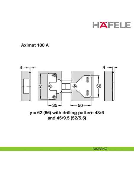 Cerniera per mobile da ufficio Hafele Aximat 100 A per montaggio doppio foro diametro 35 mm - disegno