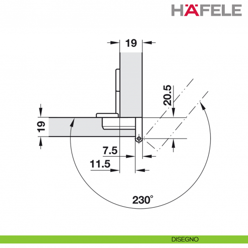 Cerniera Hafele Aximat per mobile da ufficio montaggio ad angolo foro diametro 35 mm - disegno