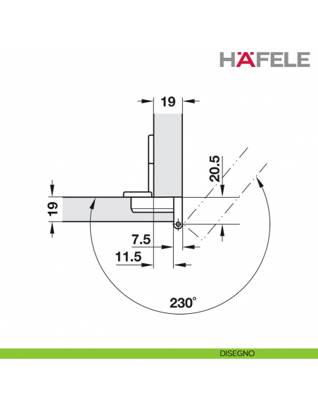 Cerniera Hafele Aximat per mobile da ufficio montaggio ad angolo foro diametro 35 mm - disegno